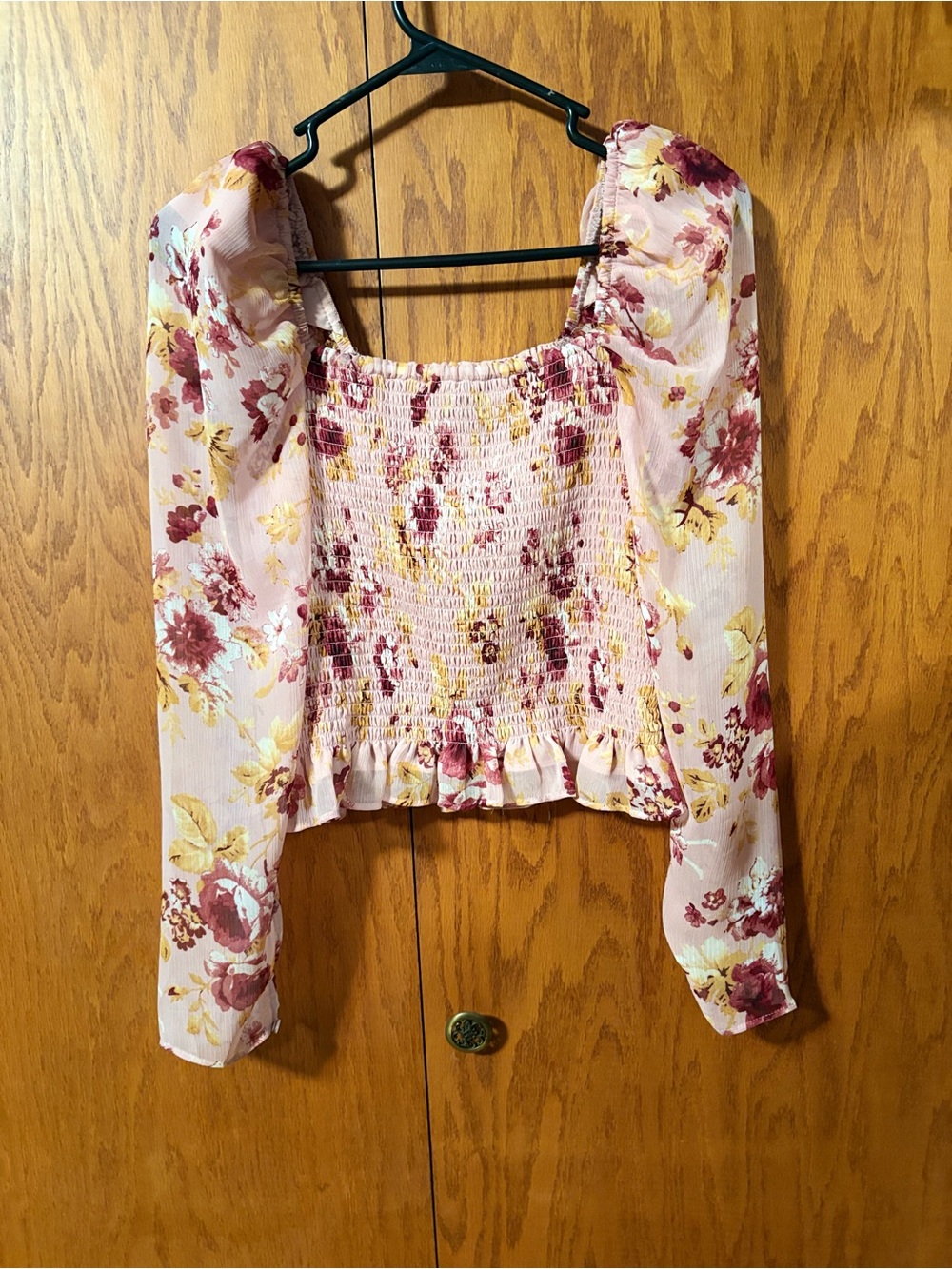 Express Pink Floral Smocked Square-Neck Blouse